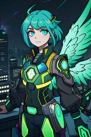 A vibrant, futuristic solarpunk harpy, ((enigmatic eyes)), neon-colored eyes, her wings adorned with intricate circuitry and glowing solar panels, perches atop a decaying skyscraper. The digital painting captures all the details of his metallic feathers, which contrast with the crumbling cityscape. The artist's skill is evident in the realistic textures and vibrant colors, which draw the viewer into this post-apocalyptic world.