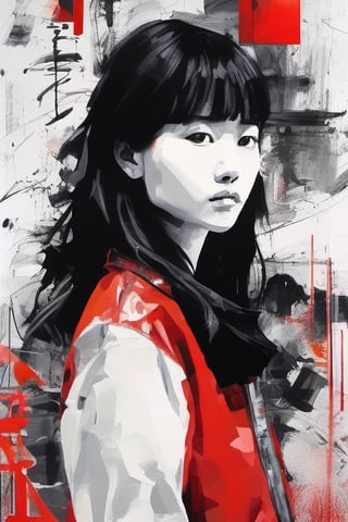 aesthetic, 2 tone, black and white, simplified shapes, figurative, style mix of acrylic painting, watercolor, oil painting, photography, digital art,   brush strokes, dark red color pop, a gorgeous young asian girl, highly detailed , ultra detailed, very intricate, low poly, abstract surreal, Kanji , Katakana ,  niji style, graffiti style,  comics style, anime style 