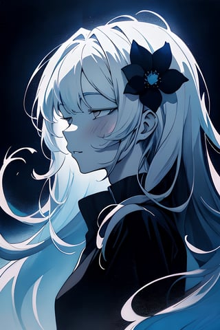 a beautiful girl with blue flowers on her face, in the style of monochromatic paintings, dark sky-blue and dark navy, dark sky-blue and dark white, multilayered realism, luminous shadowing, anime-inspired, elegant outlines