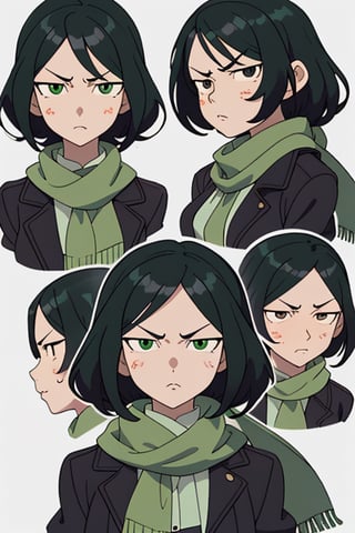 perfect face, perfect facial features, a serious-looking lady with black hair, dark jacket and green scarf, cloth face mask, anime 3d, unreal engine, style expressive