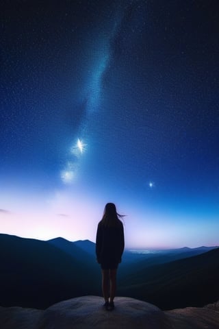 A beautiful starry night sky with a girl standing with her back turned, admiring the celestial display. The image should be a photograph capturing the breathtaking beauty of the night sky. The stars should be shining brightly, and constellations should be visible. The girl should be silhouetted against the night sky, with her posture conveying awe and wonder. The background should be a natural outdoor setting, enhancing the sense of immersion. The camera shot should be a medium shot, framing both the girl and the expansive night sky. The lens used should be a wide-angle lens to capture the vastness of the cosmos. The image should have high resolution, showcasing the fine details of the stars. Lighting should be natural, with the stars providing gentle illumination. The final result should be a realistic portrayal of a girl admiring the starry night sky, evoking a sense of wonder and tranquility.