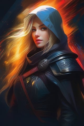 masterpiece, Rogue assassin girl, wearing a hood, blonde hair, shrouded in shadows, holding a flaming dagger in each hand, vibrant glowing abyssal colors, entirely in frame, FULL BODY, radiating electrical energy, shoulder length messy hair, Full body, Beautiful anime waifu style girl, hyperdetailed painting, luminism, art by Carne Griffiths and Wadim Kashin concept art, 8k resolution, fractal isometrics details bioluminescence , 3d render, octane render, intricately detailed , cinematic, trending on art station Isometric Centered hyper realistic cover photo awesome full color, hand drawn , gritty, realistic, intricate, hit definition , cinematic, Rough sketch, bold lines, on paper, vibrant, epic, ultra high quality model,potcoll,High detailed ,shodanSS_soul3142,triangle black hole,Game of Thrones