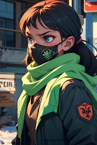 A serious-looking lady with black hair, dark jacket and green scarf, cloth face mask, anime 3d, unreal engine, style expressive
