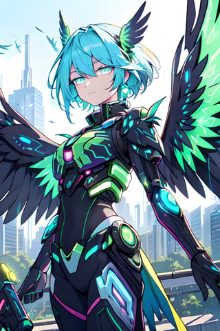 A vibrant, futuristic solarpunk harpy, ((enigmatic eyes)), neon-colored eyes, her wings adorned with intricate circuitry and glowing solar panels, perches atop a decaying skyscraper. The digital painting captures all the details of his metallic feathers, which contrast with the crumbling cityscape. The artist's skill is evident in the realistic textures and vibrant colors, which draw the viewer into this post-apocalyptic world.