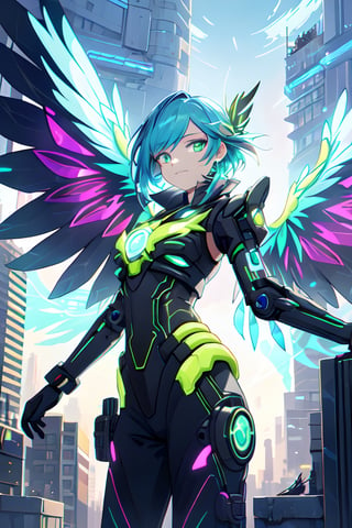 A vibrant, futuristic solarpunk harpy, ((enigmatic eyes)), neon-colored eyes, her wings adorned with intricate circuitry and glowing solar panels, perches atop a decaying skyscraper. The digital painting captures all the details of his metallic feathers, which contrast with the crumbling cityscape. The artist's skill is evident in the realistic textures and vibrant colors, which draw the viewer into this post-apocalyptic world.