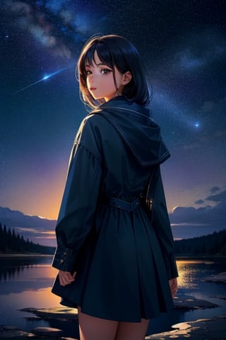 A beautiful starry night sky with a girl standing with her back turned, admiring the celestial display. The image should be a photograph capturing the breathtaking beauty of the night sky. The stars should be shining brightly, and constellations should be visible. The girl should be silhouetted against the night sky, with her posture conveying awe and wonder. The background should be a natural outdoor setting, enhancing the sense of immersion. The camera shot should be a medium shot, framing both the girl and the expansive night sky. The lens used should be a wide-angle lens to capture the vastness of the cosmos. The image should have high resolution, showcasing the fine details of the stars. Lighting should be natural, with the stars providing gentle illumination. The final result should be a realistic portrayal of a girl admiring the starry night sky, evoking a sense of wonder and tranquility.