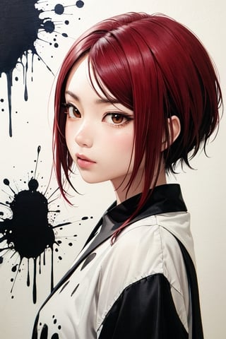 aesthetic, 2 tone, black and white, simplified shapes, figurative, style mix of acrylic painting, watercolor, oil painting, photography, digital art,   brush strokes, dark red color pop, a gorgeous young asian girl, highly detailed , ultra detailed, very intricate, low poly, abstract surreal, Kanji , Katakana ,  niji style, graffiti style,  comics style, anime style 