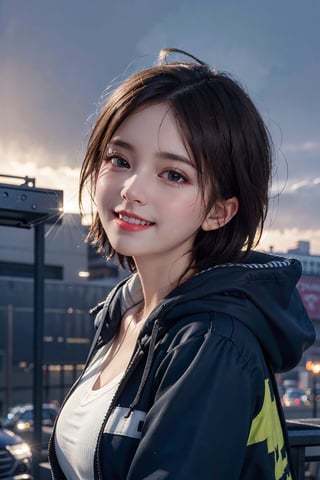 (8k RAW photo,best quality, masterpiece:1.2), (realistic,photo-realistic:1.37),omertosa,1girl,city,professional lighting,photo mapping,radiosity,physically-based rendering,blue backlight bokeh,smile,mature,head portrait,sunlight,blone,short jacket,school uniform,hoodie,short hair,floating hair,