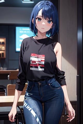 1slim girl, short hair, blue hair