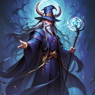 1man, beard, facial_hair, hat, holding_staff, horns, long_hair, male_focus, staff, Magical creature, Magical Fantasy World style, ,danknis,xwhd