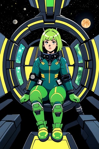 1girl, solo, colorful, intricate detail, artbook, 1 femalel, Amazingly beautiful, and Pretty female inside of spaceship seated in pilot seat, Bright Orange and tight fitting space suit on, moon boots on, which is Bob cut and green and color. You can see through the spaceship window a galaxy and other spaceships floating in space. 
