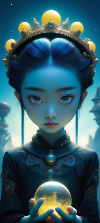 (masterpiece, best quality, ultra-detailed, best shadow), (detailed background,dark fantasy), (beautiful detailed face), high contrast, (best illumination, an extremely delicate and beautiful), ((cinematic light)), colorful, hyper detail, dramatic light, intricate details, Cute big headed large eyed Asian girl with blue hair she wears a crown. She’s on an alien planet with a small creature resting on her shoulder in her hand she holds a small world. The world is floating between both hands. She is obviously an alien with tight fitting outfit, decorated heavily with silver And yellow pattern 