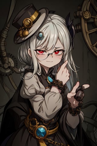 8k resolution, high resolution, masterpiece, intricate details, highly detailed, HD quality, solo, 1girl, loli, Steampunk dress, steampunk hat, top hat, black and gold clothing colors, gears in the background, dark background, white hair, long smooth hair, red eyes, pale skin, thin smile, thoughtful expression, thoughtful look, monocle on the right eye, looking at viewer, rich colors, vibrant colors, detailed eyes, super detailed, extremely beautiful graphics, super detailed skin, best quality, highest quality, high detail, masterpiece, detailed skin, perfect anatomy, perfect body, perfect hands, perfect fingers, complex details, reflective hair, textured hair, best quality, super detailed, complex details, high resolution,  

,A Traditional Japanese Art,Kakure Eria,ARTby Noise,Landidzu,HarryDraws,Shadbase ,Shadman,Glitching,Star vs. the Forces of Evil ,In the style of gravityfalls,Solo Levelling,I’ve Been Killing Slimes for 300 Years,kobayashi-san chi no maid dragon ,Oerlord,illya,tensura,the legend of korra,arcane style