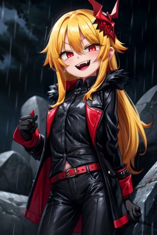 8k resolution, high resolution, masterpiece, long black scaly coat, open coat, yellow hair, white trickster mask,mocking smile painted on the mask,red smile, scarlet moon,  fanged smile,red eyes painted on the mask,squinted eyes, black gloves, black pants, arms thrown to the side, looking at the viewer, scarlet lightning in the background, rain, thunderstorm, the whole body in the frame, solo, 