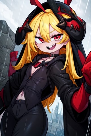 8k resolution, high resolution, masterpiece, long black scaly coat, open coat, yellow hair, white trickster mask,mocking smile painted on the mask,red smile, fanged smile,red eyes painted on the mask,squinted eyes, black gloves, black pants, arms thrown to the side, looking at the viewer, scarlet lightning in the background, rain, thunderstorm, the whole body in the frame, solo, detailed eyes, super detailed, extremely beautiful graphics, super detailed skin, best quality, highest quality, high detail, masterpiece, detailed skin, perfect anatomy, perfect hands, perfect fingers, complex details, reflective hair, textured hair, best quality, super detailed, complex details, high resolution, looking at the viewer, rich colors,Mrploxykun,JCM2,High detailed ,perfecteyes,Color magic,War of the Visions  ,Saturated colors,Artist