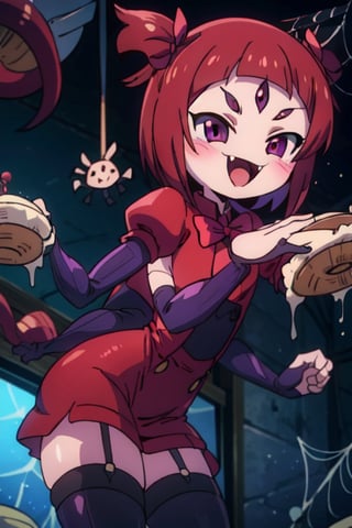 8k resolution, high resolution, masterpiece,  intricate details, highly detailed, HD quality, best quality, vibrant colors, 1girl,muffet,(muffetwear), monster girl,((purple body:1.3)),humanoid, arachnid, anthro,((fangs)),pigtails,hair bows,5 eyes,spider girl,6 arms,solo,clothed,6 hands,detailed hands,((spider webs:1.4)),bloomers,red and black clothing, armwear,  detailed eyes, super detailed, extremely beautiful graphics, super detailed skin, best quality, highest quality, high detail, masterpiece, detailed skin, perfect anatomy, perfect hands, perfect fingers, complex details, reflective hair, textured hair, best quality, super detailed, complex details, high resolution, looking at the viewer, rich colors, ,muffetwear,Shadbase ,JCM2,DAGASI,Oerlord,illya,In the style of gravityfalls,tensura,I’ve Been Killing Slimes for 300 Years
