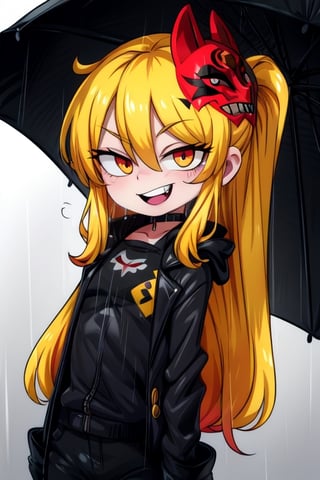 8k resolution, high resolution, masterpiece, long black scaly coat, open coat, yellow hair, white trickster mask,mocking smile painted on the mask,red smile, fanged smile,red eyes painted on the mask,squinted eyes, black gloves, black pants, arms thrown to the side, looking at the viewer, scarlet lightning in the background, rain, thunderstorm, the whole body in the frame, solo, detailed eyes, super detailed, extremely beautiful graphics, super detailed skin, best quality, highest quality, high detail, masterpiece, detailed skin, perfect anatomy, perfect hands, perfect fingers, complex details, reflective hair, textured hair, best quality, super detailed, complex details, high resolution, looking at the viewer, rich colors,Mrploxykun,JCM2,High detailed ,perfecteyes,Color magic,War of the Visions  ,Saturated colors,Artist