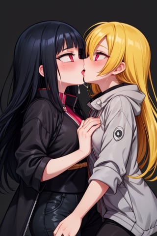 8k resolution, high resolution, masterpiece, intricate details, highly detailed, HD quality, solo, loli, dark background, black desert, scarlet moon,red moon, moon, rain,  2_girls, girls kissing, Naruko uzumaki.red eyes.(Naruko uzumaki has red eyes).blonde.yellow hair.Naruko uzumaki's clothes.black coat.black pants.a gentle expression.a satisfied expression.a playful expression.(Naruko towers over her partner), Hinata Hyuga.dark blue hair.pale lilac eyes.no pupils.Hinata Hugo's clothes.shinobi clothes.grey jacket.black pants.an embarrassed expression.happy recovery.joyful expression, kiss, two girls kissing, naruko and wednesday kissing, spittle, lesbian kiss, yuri, detailed kiss, kiss with tongues, detailed languages, focus on the whole body, the whole body in the frame, small breasts, rich colors, vibrant colors, detailed eyes, super detailed, extremely beautiful graphics, super detailed skin, best quality, highest quality, high detail, masterpiece, detailed skin, perfect anatomy, perfect body, perfect hands, perfect fingers, complex details, reflective hair, textured hair, best quality,super detailed,complex details, high resolution,

,jtveemo,himenoa