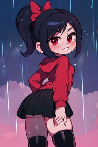 8k resolution, high resolution, masterpiece, intricate details, highly detailed, HD quality, solo, loli, short stature, little girls, only girls, dark background, rain, scarlet moon, crimson moon, moon, moon on the background, 

Vanellope von Schweetz.black hair.red eyes.green hoodie.black skirt.mini skirt.stockings.stockings with white and green stripes.funny expression.cheeky smile, standing with his back to the viewer, ass, big ass, ass set aside, perfect ass, focus on ass, perfect anus, perfect vagina, beautiful anus, beautiful vagina, smooth anus, smooth vagina, small breasts, flat breasts, 

focus on the whole body, the whole body in the frame, the body is completely in the frame, the body does not leave the frame, detailed hands, detailed fingers, perfect body, perfect anatomy, wet bodies, rich colors, vibrant colors, detailed eyes, super detailed, extremely beautiful graphics, super detailed skin, best quality, highest quality, high detail, masterpiece, detailed skin, perfect anatomy, perfect body, perfect hands, perfect fingers, complex details, reflective hair, textured hair, best quality,super detailed,complex details, high resolution,

,jcdDX_soul3142,JCM2,High detailed ,USA,Color magic,AmyRose,Mrploxykun,Sonic,perfecteyes,Artist,AGGA_ST011,AGGA_ST005,rizdraws,fairy_tail_style,Oerlord,illya,hornet,HarryDraws,jtveemo,ChronoTemp ,Captain kirb