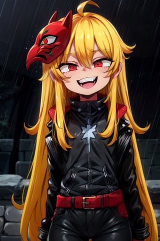 8k resolution, high resolution, masterpiece, long black scaly coat, open coat, yellow hair, white trickster mask,mocking smile painted on the mask,red smile, fanged smile,red eyes painted on the mask,squinted eyes, black gloves, black pants, arms thrown to the side, looking at the viewer, scarlet lightning in the background, rain, thunderstorm, the whole body in the frame, solo, detailed eyes, super detailed, extremely beautiful graphics, super detailed skin, best quality, highest quality, high detail, masterpiece, detailed skin, perfect anatomy, perfect hands, perfect fingers, complex details, reflective hair, textured hair, best quality, super detailed, complex details, high resolution, looking at the viewer, rich colors,Mrploxykun,JCM2,High detailed ,perfecteyes,Color magic,War of the Visions  ,Saturated colors,Artist