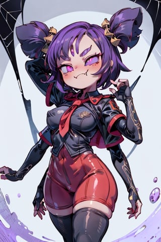 8k resolution, high resolution, masterpiece,  intricate details, highly detailed, HD quality, best quality, vibrant colors, 1girl,muffet,(muffetwear), monster girl,((purple body:1.3)),humanoid, arachnid, anthro,((fangs)),pigtails,hair bows,5 eyes,spider girl,6 arms,solo,clothed,6 hands,detailed hands,((spider webs:1.4)),bloomers,red and black clothing, armwear,  detailed eyes, super detailed, extremely beautiful graphics, super detailed skin, best quality, highest quality, high detail, masterpiece, detailed skin, perfect anatomy, perfect hands, perfect fingers, complex details, reflective hair, textured hair, best quality, super detailed, complex details, high resolution, looking at the viewer, rich colors, ,muffetwear,Shadbase ,JCM2,DAGASI,Oerlord,illya,In the style of gravityfalls,tensura,Mrploxykun,BORN-TO-DIE,Captain kirb