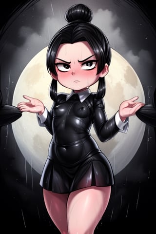 8k resolution, high resolution, masterpiece, intricate details, highly detailed, HD quality, solo, loli, short stature, little girls, only girls, dark background, rain, scarlet moon, crimson moon, moon, moon on the background,

Wednesday Addams.black eyes.black hair.long hair.straight hair.Wednesday Addams clothing.tight clothes.sexy clothes.black jacket.white shirt.black skirt.emotionless expression.a cold expression.relaxed posture.sexy pose,

small breasts, flat breasts, focus on the whole body, the whole body in the frame, the body is completely in the frame, the body does not leave the frame, detailed hands, detailed fingers, perfect body, perfect anatomy, wet bodies, rich colors, vibrant colors, detailed eyes, super detailed, extremely beautiful graphics, super detailed skin, best quality, highest quality, high detail, masterpiece, detailed skin, perfect anatomy, perfect body, perfect hands, perfect fingers, complex details, reflective hair, textured hair, best quality,super detailed,complex details, high resolution,

,USA,haruno sakura,JCM2,Oerlord,High detailed ,weapon,black eyes,chibi,fgo sprite,spy x family style,Star vs. the Forces of Evil ,Mrploxykun,jtveemo,DAGASI,BORN-TO-DIE,Captain kirb,Shadbase ,Artist,Ankha,Animal Crossing,War of the Visions  ,Wednesday Addams  