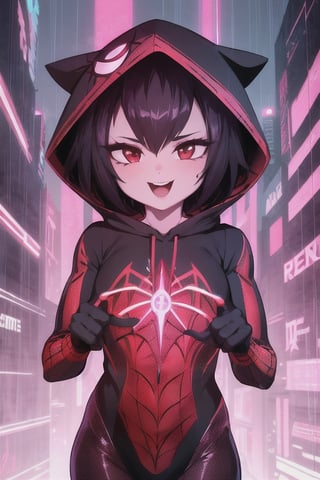 8k resolution, high resolution, masterpiece, intricate details, highly detailed, HD quality, solo, loli, short stature, little girls, only girls, dark background, rain, scarlet moon, crimson moon, moon, moon on the background, science fiction, science fiction city, red neon, blood red neon, burgundy red neon,

Peni Parker.red eyes.shining scarlet eyes.shining eyes.black hair.short haircut.slim build.teenage girl.Spiderman.Marvel.superhero.young woman.slim build.the red web.tight-fitting suit.black and red clothes.black spider print on the chest.black spider emblem.spider print.black print.hood.stretched hood.cheked smile.funny expression.fighting pose,

focus on the whole body, the whole body in the frame, the body is completely in the frame, the body does not leave the frame, detailed hands, detailed fingers, perfect body, perfect anatomy, wet bodies, rich colors, vibrant colors, detailed eyes, super detailed, extremely beautiful graphics, super detailed skin, best quality, highest quality, high detail, masterpiece, detailed skin, perfect anatomy, perfect body, perfect hands, perfect fingers, complex details, reflective hair, textured hair, best quality,super detailed,complex details, high resolution,

,AGGA_ST011,ChronoTemp ,illya,Star vs. the Forces of Evil ,Captain kirb,jtveemo,JCM2,Mrploxykun,Gerph ,Jago,Overlord,Artist,penini,C7b3rp0nkStyle,High detailed 