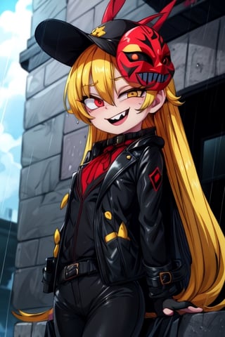 8k resolution, high resolution, masterpiece, long black scaly coat, open coat, yellow hair, white trickster mask,mocking smile painted on the mask,red smile, fanged smile,red eyes painted on the mask,squinted eyes, black gloves, black pants, arms thrown to the side, looking at the viewer, scarlet lightning in the background, rain, thunderstorm, the whole body in the frame, solo, detailed eyes, super detailed, extremely beautiful graphics, super detailed skin, best quality, highest quality, high detail, masterpiece, detailed skin, perfect anatomy, perfect hands, perfect fingers, complex details, reflective hair, textured hair, best quality, super detailed, complex details, high resolution, looking at the viewer, rich colors,Mrploxykun,JCM2,High detailed ,perfecteyes,Color magic,War of the Visions  ,Saturated colors,Artist