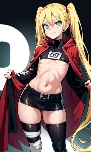 masterpiece, best quality, spectacular, solo, Naruko_Uzumaki, yellow hair, two pigtails, red eyes, animal vertical pupils, small breasts, loli, cheeky smile, straight pose, looks at the viewer, scarlet cloak, hands tied with black bandages, forearms tied with black bandages, black belt, black pants, black t-shirt with the red sign of the whirlpool, perfect eyes, perfect body, perfect anatomy , cartoon, Naruto, 