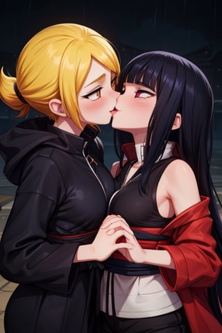 8k resolution, high resolution, masterpiece, intricate details, highly detailed, HD quality, solo, loli, dark background, black desert, scarlet moon,red moon, moon, rain,  2_girls, girls kissing, Naruko uzumaki.red eyes.(Naruko uzumaki has red eyes).blonde.yellow hair.Naruko uzumaki's clothes.black coat.black pants.a gentle expression.a satisfied expression.a playful expression.(Naruko towers over her partner), Hinata Hyuga.dark blue hair.pale lilac eyes.no pupils.Hinata Hugo's clothes.shinobi clothes.grey jacket.black pants.an embarrassed expression.happy recovery.joyful expression, kiss, two girls kissing, naruko and wednesday kissing, spittle, lesbian kiss, yuri, detailed kiss, kiss with tongues, detailed languages, focus on the whole body, the whole body in the frame, small breasts, rich colors, vibrant colors, detailed eyes, super detailed, extremely beautiful graphics, super detailed skin, best quality, highest quality, high detail, masterpiece, detailed skin, perfect anatomy, perfect body, perfect hands, perfect fingers, complex details, reflective hair, textured hair, best quality,super detailed,complex details, high resolution,

,jtveemo,himenoa,Star vs. the Forces of Evil ,Naruto,Landidzu,arcane style