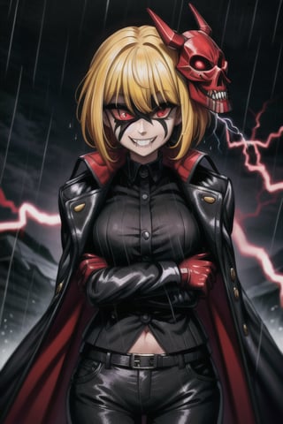 8k resolution, high resolution, masterpiece, long black scaly coat, open coat, yellow hair, white trickster mask,mocking smile painted on the mask,red smile, fanged smile,red eyes painted on the mask,squinted eyes, black gloves, black pants, arms thrown to the side, looking at the viewer, scarlet lightning in the background, rain, thunderstorm, the whole body in the frame, solo, 