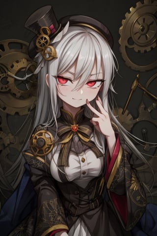 8k resolution, high resolution, masterpiece, intricate details, highly detailed, HD quality, solo, 1girl, loli, Steampunk dress, steampunk hat, top hat, black and gold clothing colors, gears in the background, dark background, white hair, long smooth hair, red eyes, pale skin, thin smile, thoughtful expression, thoughtful look, monocle on the right eye, looking at viewer, rich colors, vibrant colors, detailed eyes, super detailed, extremely beautiful graphics, super detailed skin, best quality, highest quality, high detail, masterpiece, detailed skin, perfect anatomy, perfect body, perfect hands, perfect fingers, complex details, reflective hair, textured hair, best quality, super detailed, complex details, high resolution,  

,A Traditional Japanese Art,Kakure Eria,ARTby Noise,Landidzu,HarryDraws,Shadbase ,Shadman,Glitching,Star vs. the Forces of Evil ,In the style of gravityfalls,Solo Levelling,I’ve Been Killing Slimes for 300 Years,kobayashi-san chi no maid dragon ,Oerlord,illya,tensura,the legend of korra,arcane style,wzrokudostyle