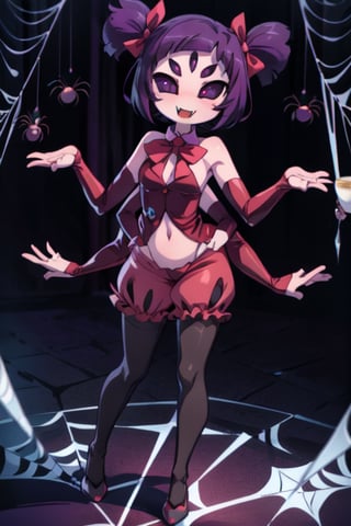 8k resolution, high resolution, masterpiece,  intricate details, highly detailed, HD quality, best quality, vibrant colors, 1girl,muffet,(muffetwear), monster girl,((purple body:1.3)),humanoid, arachnid, anthro,((fangs)),pigtails,hair bows,5 eyes,spider girl,6 arms,solo,clothed,6 hands,detailed hands,((spider webs:1.4)),bloomers,red and black clothing, armwear,  detailed eyes, super detailed, extremely beautiful graphics, super detailed skin, best quality, highest quality, high detail, masterpiece, detailed skin, perfect anatomy, perfect hands, perfect fingers, complex details, reflective hair, textured hair, best quality, super detailed, complex details, high resolution, looking at the viewer, rich colors, ,muffetwear,Shadbase ,JCM2,DAGASI,Oerlord,illya