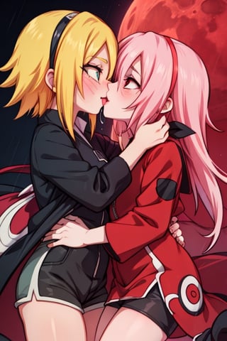 8k resolution, high resolution, masterpiece, intricate details, highly detailed, HD quality, solo, loli, dark background, black desert, scarlet moon,red moon, moon, rain,  2_girls, girls kissing, Naruko uzumaki.red eyes.(Naruko uzumaki has red eyes).blonde.yellow hair.Naruko uzumaki's clothes.black coat.black pants.a gentle expression.a satisfied expression.a playful expression.(Naruko towers over her partner), Sakura Haruno.green eyes.(Sakura Haruno has green eyes).pink hair.short hair.(Haruno Sakura's clothes.red dress with cutouts on the sides.black tight shorts.an embarrassed expression.a happy expression.amorous expression, kiss, two girls kissing, naruko and wednesday kissing, spittle, lesbian kiss, yuri, detailed kiss, kiss with tongues, detailed languages, focus on the whole body, the whole body in the frame, small breasts, rich colors, vibrant colors, detailed eyes, super detailed, extremely beautiful graphics, super detailed skin, best quality, highest quality, high detail, masterpiece, detailed skin, perfect anatomy, perfect body, perfect hands, perfect fingers, complex details, reflective hair, textured hair, best quality,super detailed,complex details, high resolution,

Shadbase,Ankha,USA,Sonique,Sonic,Naruto,Wednesday Addams  ,kiss,JCM2,Naruko,Shadbase ,Mrploxykun, Addams ,Artist,haruno sakura