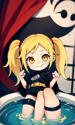 masterpiece, best quality, spectacular, solo, Naruko_Uzumaki, yellow hair, two pigtails, red eyes, animal vertical pupils, small breasts, loli, cheeky smile, straight pose, looks at the viewer, scarlet cloak, hands tied with black bandages, forearms tied with black bandages, black belt, black pants, black t-shirt with the red sign of the whirlpool, perfect eyes, perfect body, perfect anatomy , cartoon, Naruto, ,chibi