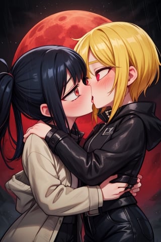 8k resolution, high resolution, masterpiece, intricate details, highly detailed, HD quality, solo, loli, dark background, black desert, scarlet moon,red moon, moon, rain,  2_girls, girls kissing, Naruko uzumaki.red eyes.(Naruko uzumaki has red eyes).blonde.yellow hair.Naruko uzumaki's clothes.black coat.black pants.a gentle expression.a satisfied expression.a playful expression.(Naruko towers over her partner), Hinata Hyuga.dark blue hair.pale lilac eyes.no pupils.Hinata Hugo's clothes.shinobi clothes.grey jacket.black pants.an embarrassed expression.happy recovery.joyful expression, kiss, two girls kissing, naruko and wednesday kissing, spittle, lesbian kiss, yuri, detailed kiss, kiss with tongues, detailed languages, focus on the whole body, the whole body in the frame, small breasts, rich colors, vibrant colors, detailed eyes, super detailed, extremely beautiful graphics, super detailed skin, best quality, highest quality, high detail, masterpiece, detailed skin, perfect anatomy, perfect body, perfect hands, perfect fingers, complex details, reflective hair, textured hair, best quality,super detailed,complex details, high resolution,

,jtveemo,himenoa