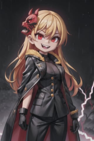 8k resolution, high resolution, masterpiece, long black scaly coat, open coat, yellow hair, white trickster mask,mocking smile painted on the mask,red smile, fanged smile,red eyes painted on the mask,squinted eyes, black gloves, black pants, arms thrown to the side, looking at the viewer, scarlet lightning in the background, rain, thunderstorm, the whole body in the frame, solo, 