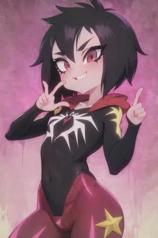 8k resolution, high resolution, masterpiece, intricate details, highly detailed, HD quality, solo, loli, short stature, little girls, only girls, dark background, rain, scarlet moon, crimson moon, moon, moon on the background, science fiction, science fiction city, red neon, blood red neon, burgundy red neon,

Peni Parker.red eyes.shining scarlet eyes.shining eyes.black hair.short haircut.slim build.teenage girl.Spiderman.Marvel.superhero.young woman.slim build.the red web.tight-fitting suit.black and red clothes.black spider print on the chest.black spider emblem.spider print.black print.hood.stretched hood.cheked smile.funny expression.fighting pose,

focus on the whole body, the whole body in the frame, the body is completely in the frame, the body does not leave the frame, detailed hands, detailed fingers, perfect body, perfect anatomy, wet bodies, rich colors, vibrant colors, detailed eyes, super detailed, extremely beautiful graphics, super detailed skin, best quality, highest quality, high detail, masterpiece, detailed skin, perfect anatomy, perfect body, perfect hands, perfect fingers, complex details, reflective hair, textured hair, best quality,super detailed,complex details, high resolution,

,AGGA_ST011,ChronoTemp ,illya,Star vs. the Forces of Evil ,Captain kirb,jtveemo,JCM2,Mrploxykun,Gerph ,Jago,Overlord,Artist,penini,C7b3rp0nkStyle,High detailed ,neon palette,perfecteyes,horror,fantasy00d