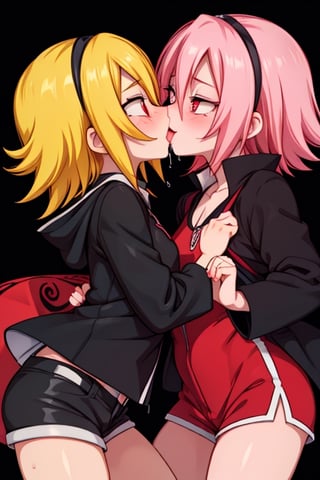 8k resolution, high resolution, masterpiece, intricate details, highly detailed, HD quality, solo, loli, dark background, black desert, scarlet moon,red moon, moon, rain,  2_girls, girls kissing, Naruko uzumaki.red eyes.(Naruko uzumaki has red eyes).blonde.yellow hair.Naruko uzumaki's clothes.black coat.black pants.a gentle expression.a satisfied expression.a playful expression.(Naruko towers over her partner), Sakura Haruno.pink hair.short hair.(Haruno Sakura's clothes.red dress with cutouts on the sides.black tight shorts.an embarrassed expression.a happy expression.amorous expression, kiss, two girls kissing, naruko and wednesday kissing, spittle, lesbian kiss, yuri, detailed kiss, kiss with tongues, detailed languages, focus on the whole body, the whole body in the frame, small breasts, rich colors, vibrant colors, detailed eyes, super detailed, extremely beautiful graphics, super detailed skin, best quality, highest quality, high detail, masterpiece, detailed skin, perfect anatomy, perfect body, perfect hands, perfect fingers, complex details, reflective hair, textured hair, best quality,super detailed,complex details, high resolution,

Shadbase,Ankha,USA,Sonique,Sonic,Naruto,Wednesday Addams  ,kiss,JCM2,Naruko,Shadbase ,Mrploxykun, Addams ,Artist,haruno sakura