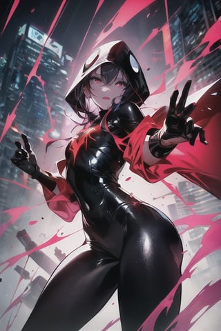 8k resolution, high resolution, masterpiece, intricate details, highly detailed, HD quality, solo, loli, short stature, little girls, only girls, dark background, rain, scarlet moon, crimson moon, moon, moon on the background, science fiction, science fiction city, red neon, blood red neon, burgundy red neon, Glitching,

Black spider-man mask.red lenses.shining scarlet lenses.shiny lenses.slim build.teenage girl. Spider-Man.Miracle.a superhero.slim build.the red web.tight-fitting suit.black and red clothes.red spider print on the chest.the emblem of the red spider.spider print.red print.hood.stretched hood.fighting pose.spider pose.superhero pose,

focus on the whole body, the whole body in the frame, the body is completely in the frame, the body does not leave the frame, detailed hands, detailed fingers, perfect body, perfect anatomy, wet bodies, rich colors, vibrant colors, detailed eyes, super detailed, extremely beautiful graphics, super detailed skin, best quality, highest quality, high detail, masterpiece, detailed skin, perfect anatomy, perfect body, perfect hands, perfect fingers, complex details, reflective hair, textured hair, best quality,super detailed,complex details, high resolution,

,Overlord,neon palette,JCM2,midjourney,horror,War of the Visions  ,Artist,Gerph ,Glitching