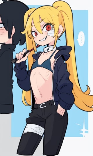 masterpiece, best quality, spectacular, solo, Naruko_Uzumaki, yellow hair, two pigtails, red eyes, elongated vertical pupils, small breasts, loli, cheeky smile, straight pose, looks at the viewer, hands tied with black bandages, forearms tied with black bandages, black belt, black pants, chest bandaged black bandages, perfect eyes, perfect body, perfect anatomy , cartoon, naruto,Cromachina,wagashi,Mrploxykun,Eiken3kyuboy