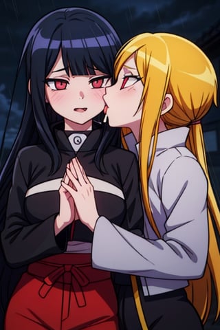 8k resolution, high resolution, masterpiece, intricate details, highly detailed, HD quality, solo, loli, dark background, black desert, scarlet moon,red moon, moon, rain,  2_girls, girls kissing, Naruko uzumaki.red eyes.(Naruko uzumaki has red eyes).blonde.yellow hair.Naruko uzumaki's clothes.black coat.black pants.a gentle expression.a satisfied expression.a playful expression.(Naruko towers over her partner), Hinata Hyuga.dark blue hair.pale lilac eyes.no pupils.Hinata Hugo's clothes.shinobi clothes.grey jacket.black pants.an embarrassed expression.happy recovery.joyful expression, kiss, two girls kissing, naruko and wednesday kissing, spittle, lesbian kiss, yuri, detailed kiss, kiss with tongues, detailed languages, focus on the whole body, the whole body in the frame, small breasts, rich colors, vibrant colors, detailed eyes, super detailed, extremely beautiful graphics, super detailed skin, best quality, highest quality, high detail, masterpiece, detailed skin, perfect anatomy, perfect body, perfect hands, perfect fingers, complex details, reflective hair, textured hair, best quality,super detailed,complex details, high resolution,

,jtveemo,himenoa,Star vs. the Forces of Evil ,Naruto,Landidzu,arcane style,Oerlord