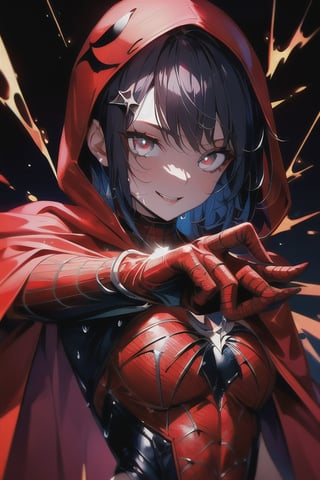 8k resolution, high resolution, masterpiece, intricate details, highly detailed, HD quality, solo, loli, short stature, little girls, only girls, dark background, rain, scarlet moon, crimson moon, moon, moon on the background, science fiction, science fiction city, red neon, blood red neon, burgundy red neon,

Black spider-man mask.red lenses.shining scarlet lenses.shiny lenses.slim build.a teenage girl. Spider-Man. Miracle.a superhero.slim build.the red web.tight-fitting suit.black and red clothes.red spider print on the chest.the emblem of the red spider.spider print.red print.hood.stretched hood.a smile in a cage.fighting pose.spider pose.superhero pose,

focus on the whole body, the whole body in the frame, the body is completely in the frame, the body does not leave the frame, detailed hands, detailed fingers, perfect body, perfect anatomy, wet bodies, rich colors, vibrant colors, detailed eyes, super detailed, extremely beautiful graphics, super detailed skin, best quality, highest quality, high detail, masterpiece, detailed skin, perfect anatomy, perfect body, perfect hands, perfect fingers, complex details, reflective hair, textured hair, best quality,super detailed,complex details, high resolution,

,Overlord,neon palette,JCM2,midjourney,horror,War of the Visions  