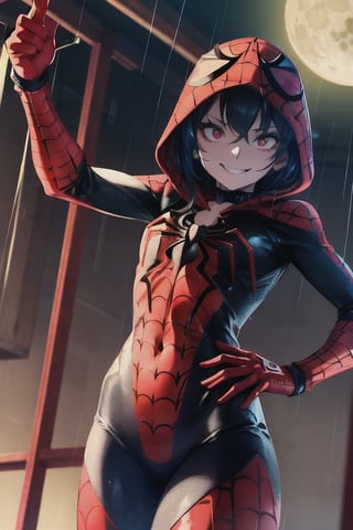 8k resolution, high resolution, masterpiece, intricate details, highly detailed, HD quality, solo, loli, short stature, little girls, only girls, dark background, rain, scarlet moon, crimson moon, moon, moon on the background, science fiction, science fiction city, red neon, blood red neon, burgundy red neon,

Black spider-man mask.red lenses.shining scarlet lenses.shiny lenses.slim build.a teenage girl. Spider-Man. Miracle.a superhero.slim build.the red web.tight-fitting suit.black and red clothes.red spider print on the chest.the emblem of the red spider.spider print.red print.hood.stretched hood.a smile in a cage.fighting pose.spider pose.superhero pose,

focus on the whole body, the whole body in the frame, the body is completely in the frame, the body does not leave the frame, detailed hands, detailed fingers, perfect body, perfect anatomy, wet bodies, rich colors, vibrant colors, detailed eyes, super detailed, extremely beautiful graphics, super detailed skin, best quality, highest quality, high detail, masterpiece, detailed skin, perfect anatomy, perfect body, perfect hands, perfect fingers, complex details, reflective hair, textured hair, best quality,super detailed,complex details, high resolution,

,Overlord,neon palette,JCM2