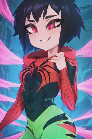 8k resolution, high resolution, masterpiece, intricate details, highly detailed, HD quality, solo, loli, short stature, little girls, only girls, dark background, rain, scarlet moon, crimson moon, moon, moon on the background, science fiction, science fiction city, red neon, blood red neon, burgundy red neon,

Peni Parker.red eyes.shining scarlet eyes.shining eyes.black hair.short haircut.slim build.teenage girl.Spiderman.Marvel.superhero.young woman.slim build.the red web.tight-fitting suit.black and red clothes.black spider print on the chest.black spider emblem.spider print.black print.hood.stretched hood.cheked smile.funny expression.fighting pose,

focus on the whole body, the whole body in the frame, the body is completely in the frame, the body does not leave the frame, detailed hands, detailed fingers, perfect body, perfect anatomy, wet bodies, rich colors, vibrant colors, detailed eyes, super detailed, extremely beautiful graphics, super detailed skin, best quality, highest quality, high detail, masterpiece, detailed skin, perfect anatomy, perfect body, perfect hands, perfect fingers, complex details, reflective hair, textured hair, best quality,super detailed,complex details, high resolution,

,AGGA_ST011,ChronoTemp ,illya,Star vs. the Forces of Evil ,Captain kirb,jtveemo,JCM2,Mrploxykun,Gerph ,Jago,Overlord,Artist,penini,C7b3rp0nkStyle,High detailed ,neon palette,perfecteyes,horror,fantasy00d