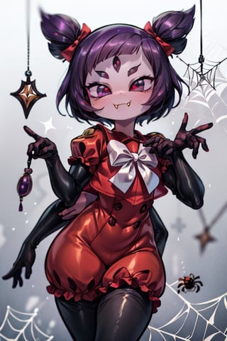 8k resolution, high resolution, masterpiece,  intricate details, highly detailed, HD quality, best quality, vibrant colors, 1girl,muffet,(muffetwear), monster girl,((purple body:1.3)),humanoid, arachnid, anthro,((fangs)),pigtails,hair bows,5 eyes,spider girl,6 arms,solo,clothed,6 hands,detailed hands,((spider webs:1.4)),bloomers,red and black clothing, armwear,  detailed eyes, super detailed, extremely beautiful graphics, super detailed skin, best quality, highest quality, high detail, masterpiece, detailed skin, perfect anatomy, perfect hands, perfect fingers, complex details, reflective hair, textured hair, best quality, super detailed, complex details, high resolution, looking at the viewer, rich colors, ,muffetwear,Shadbase ,JCM2,DAGASI,Oerlord,illya,In the style of gravityfalls,tensura,Mrploxykun,BORN-TO-DIE,Captain kirb