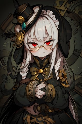8k resolution, high resolution, masterpiece, intricate details, highly detailed, HD quality, solo, 1girl, loli, Steampunk dress, steampunk hat, top hat, black and gold clothing colors, gears in the background, dark background, white hair, long smooth hair, red eyes, pale skin, thin smile, thoughtful expression, thoughtful look, monocle on the right eye, looking at viewer, rich colors, vibrant colors, detailed eyes, super detailed, extremely beautiful graphics, super detailed skin, best quality, highest quality, high detail, masterpiece, detailed skin, perfect anatomy, perfect body, perfect hands, perfect fingers, complex details, reflective hair, textured hair, best quality, super detailed, complex details, high resolution,  

,A Traditional Japanese Art,Kakure Eria,ARTby Noise,Landidzu,HarryDraws,Shadbase ,Shadman,Glitching,Star vs. the Forces of Evil ,In the style of gravityfalls,Solo Levelling,I’ve Been Killing Slimes for 300 Years,kobayashi-san chi no maid dragon ,Oerlord,illya,tensura,the legend of korra,arcane style,wzrokudostyle,USA