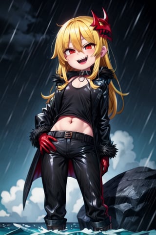 8k resolution, high resolution, masterpiece, long black scaly coat, open coat, yellow hair, white trickster mask,mocking smile painted on the mask,red smile, standing on a rock in the middle of the ocean, the whole body in the frame, fanged smile,red eyes painted on the mask,squinted eyes, black gloves, black pants, arms thrown to the side, looking at the viewer, scarlet lightning in the background, rain, thunderstorm, the whole body in the frame, solo, 