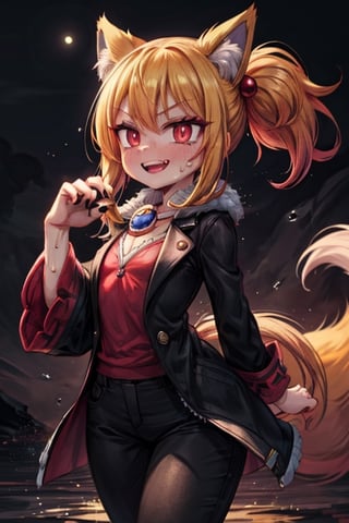 8k resolution, high resolution, masterpiece, intricate details, highly detailed, HD quality, solo, loli, short stature, little girls, only girls, dark background, rain, scarlet moon, crimson moon, moon, moon on the background, 

Red eyes.black sclera.vertical pupil.cat's pupil.glowing eyes.fangs.fox ears.a fox's tail behind his back.claws on the fingers.claw.black claws.small claws.blonde.yellow hair.long hair.straight hair.two ponytails.black scaly coat.black pants.an evil expression.grin.a joyful expression.fighting pose, 

focus on the whole body, the whole body in the frame, the body is completely in the frame, the body does not leave the frame, detailed hands, detailed fingers, perfect body, perfect anatomy, wet bodies, rich colors, vibrant colors, detailed eyes, super detailed, extremely beautiful graphics, super detailed skin, best quality, highest quality, high detail, masterpiece, detailed skin, perfect anatomy, perfect body, perfect hands, perfect fingers, complex details, reflective hair, textured hair, best quality,super detailed,complex details, high resolution,

,jcdDX_soul3142,JCM2,High detailed ,USA,Color magic,AmyRose,Mrploxykun,Sonic,perfecteyes,Artist,AGGA_ST011,AGGA_ST005,rizdraws,fairy_tail_style,Oerlord,illya,hornet,HarryDraws,jtveemo,ChronoTemp ,Star vs. the Forces of Evil ,arcane style,Landidzu,Captain kirb,Saturated colors,Color saturation ,DAGASI