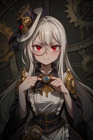 8k resolution, high resolution, masterpiece, intricate details, highly detailed, HD quality, solo, 1girl, loli, Steampunk dress, steampunk hat, top hat, black and gold clothing colors, gears in the background, dark background, white hair, long smooth hair, red eyes, pale skin, thin smile, thoughtful expression, thoughtful look, monocle on the right eye, looking at viewer, rich colors, vibrant colors, detailed eyes, super detailed, extremely beautiful graphics, super detailed skin, best quality, highest quality, high detail, masterpiece, detailed skin, perfect anatomy, perfect body, perfect hands, perfect fingers, complex details, reflective hair, textured hair, best quality, super detailed, complex details, high resolution,  

,A Traditional Japanese Art,Kakure Eria,ARTby Noise,Landidzu,HarryDraws,Shadbase ,Shadman,Glitching,Star vs. the Forces of Evil ,In the style of gravityfalls,Solo Levelling,I’ve Been Killing Slimes for 300 Years,kobayashi-san chi no maid dragon ,Oerlord,illya,tensura